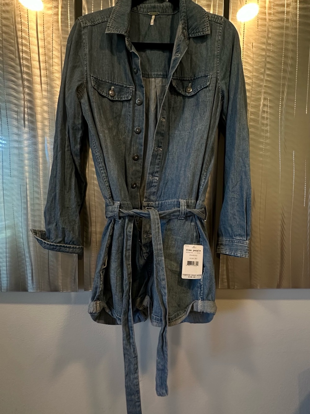 Free People Faded Blue Denim Romper with Tie Waist